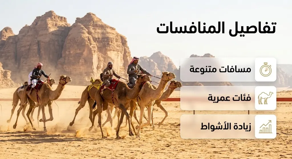 إنفوجرافيك يوضح تفاصيل منافسات سباقات الهجن بميدان الأصايل في العلا، مبرزاً الفئات العمرية والمسافات المتنوعة للأشواط.