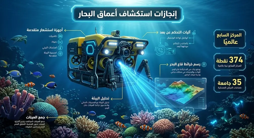 تصميم إنفوجرافيك يستعرض مواصفات الغواصة الروبوتية لجامعة الملك عبدالعزيز وتفاصيل الإنجاز في بطولة العالم للروبوتات تحت الماء