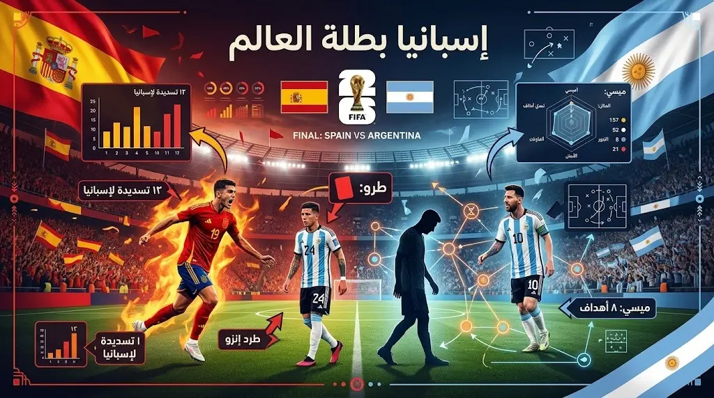 إنفوجرافيك رياضي إبداعي يوضح إحصائيات المباراة النهائية لبطولة كأس العالم 2026 بين إسبانيا والأرجنتين، مع إبراز سيطرة إسبانيا، وحالة الطرد، وأهداف ميسي الثمانية.