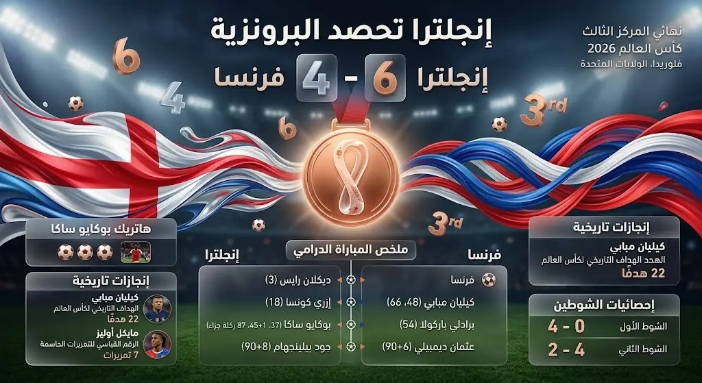 إنفوجرافيك يعرض تفاصيل فوز إنجلترا على فرنسا بنتيجة 6-4 وتحقيق الميدالية البرونزية