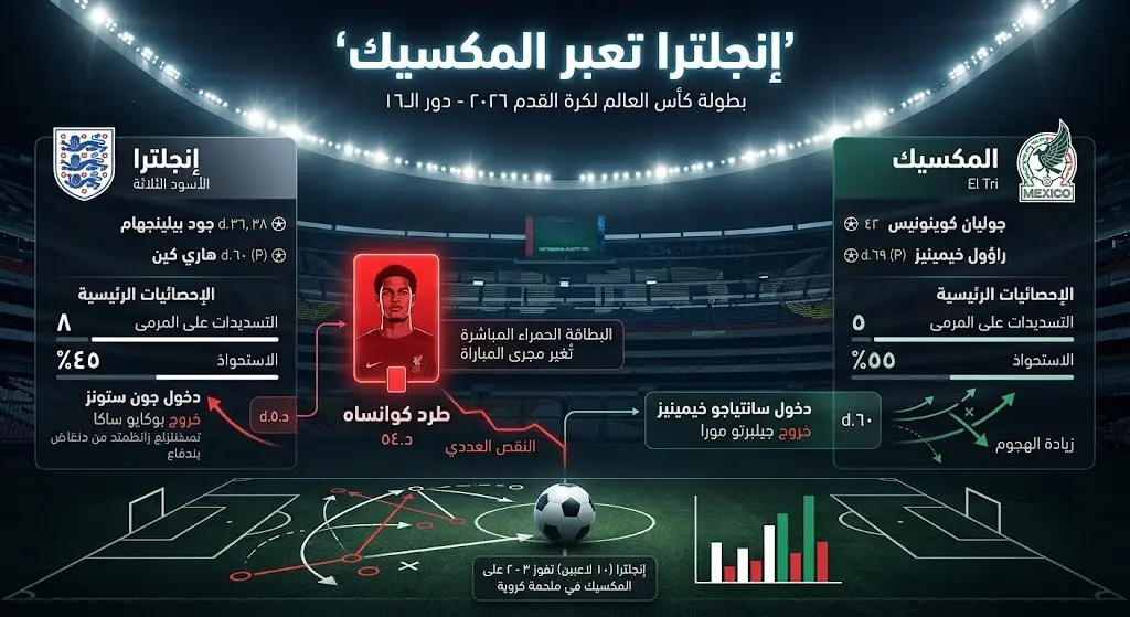 إنفوجرافيك رياضي يوضح تفاصيل فوز إنجلترا على المكسيك وحالة طرد المدافع كوانساه في ملعب أزتيكا.