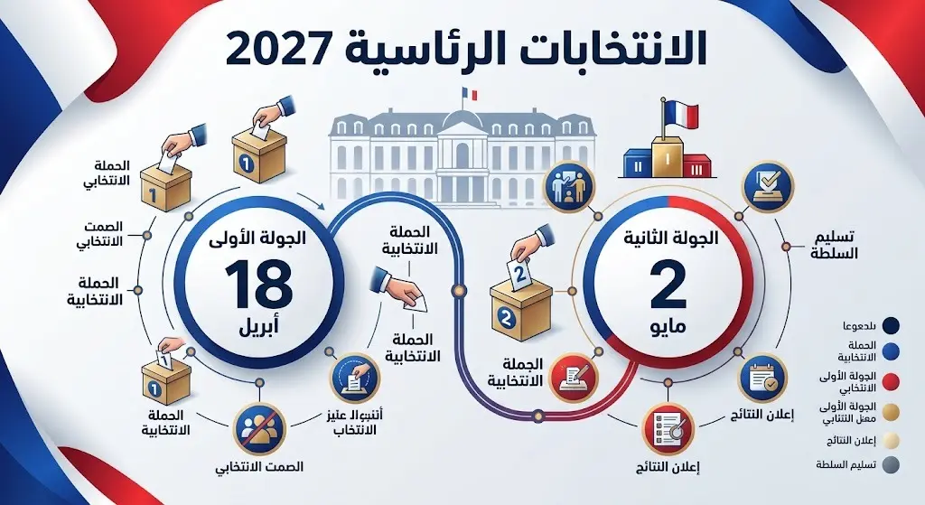 إنفوجرافيك زمني يوضح مواعيد الجولتين الأولى والثانية للانتخابات الرئاسية الفرنسية لعام 2027