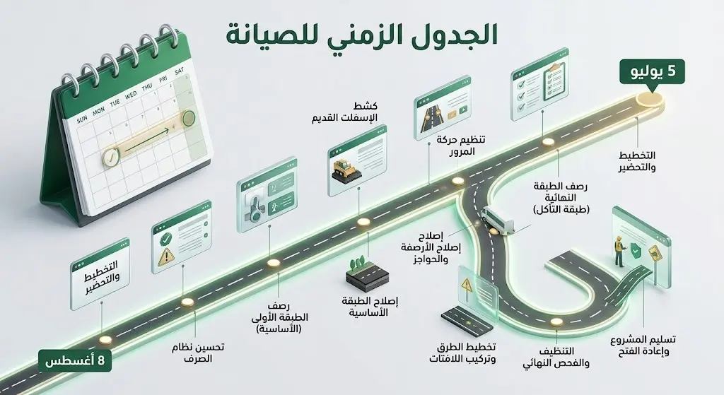 إنفوجرافيك زمني يوضح بداية أعمال الصيانة في حي الشهداء يوم 5 يوليو ونهايتها في 8 أغسطس