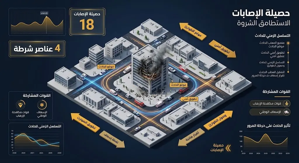 إنفوجرافيك بياني يستعرض تفاصيل موقع الانفجارين في العاصمة السورية وحصيلة الإصابات البالغة 18 مصاباً.