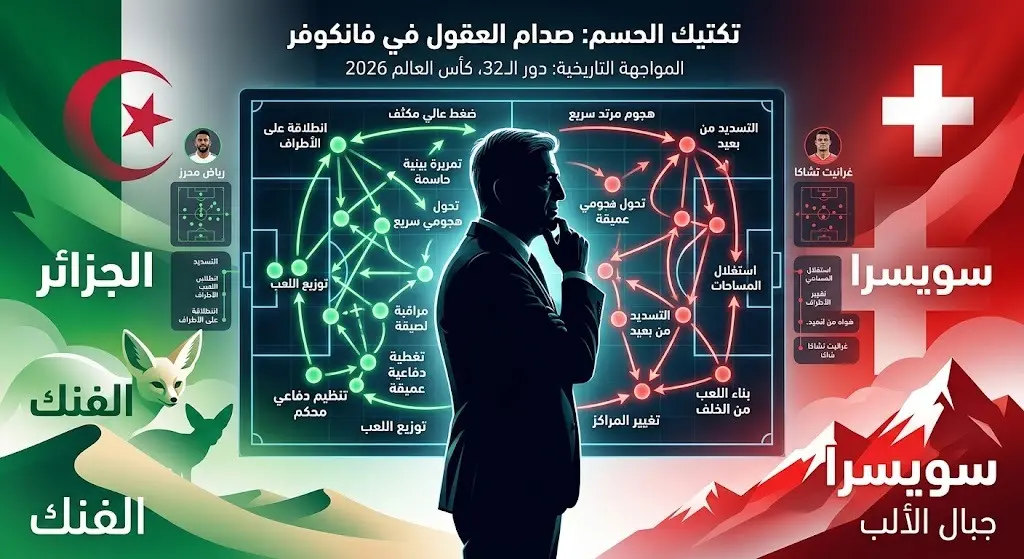 تصميم فني يجسد المواجهة التكتيكية بين الجزائر وسويسرا والتحدي الشخصي للمدرب فلاديمير بيتكوفيتش