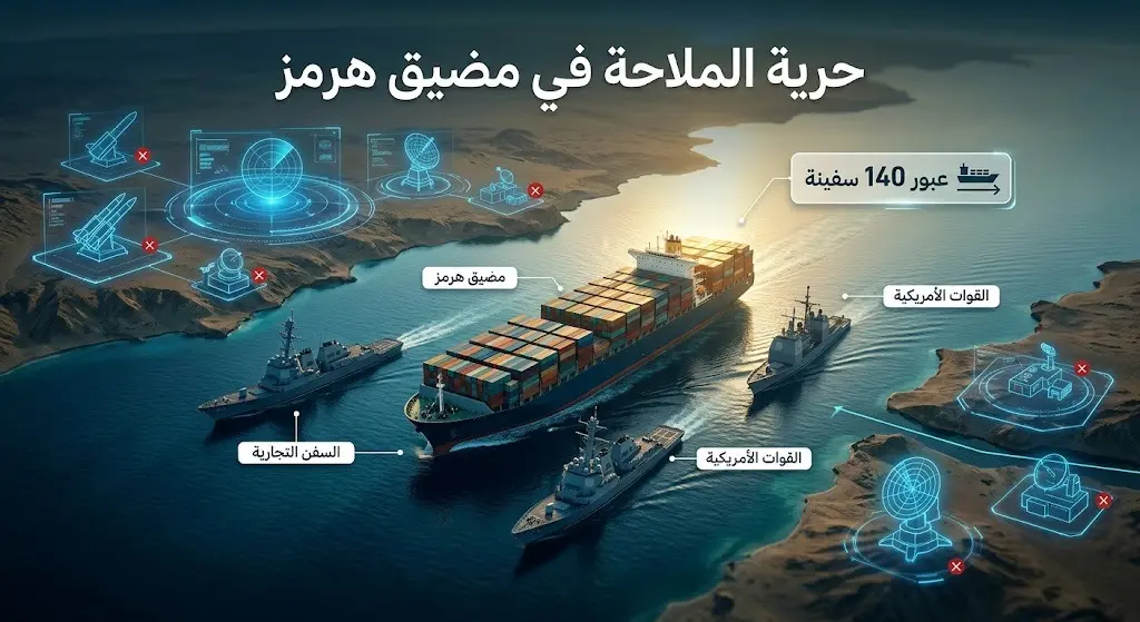 إنفوجرافيك يوضح تأمين القوات الأمريكية لحركة عبور السفن التجارية في مضيق هرمز.