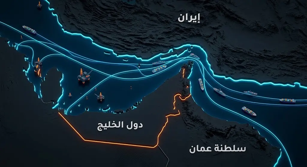 خريطة إنفوجرافيك توضح مضيق هرمز وموقع إيران وسلطنة عمان ودول الخليج