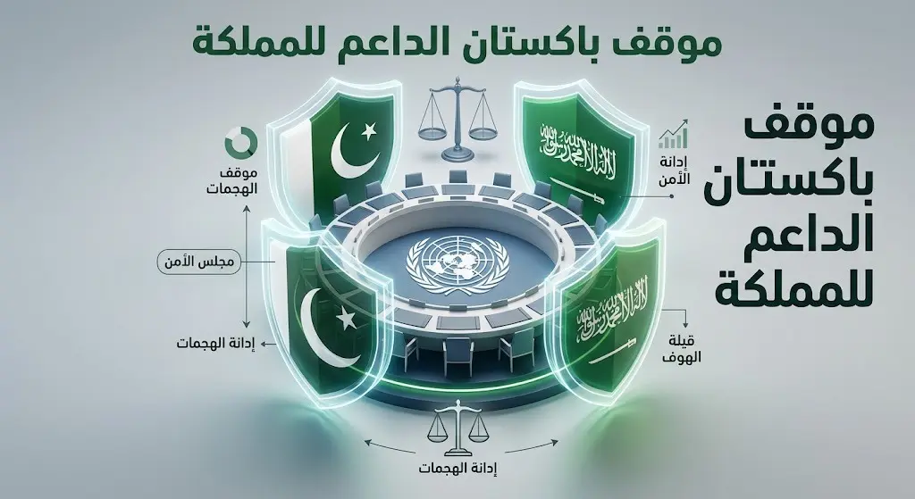 تصميم إنفوجرافيك يجسد التضامن الباكستاني مع المملكة العربية السعودية داخل مجلس الأمن الدولي وإدانة الهجمات الحوثية.