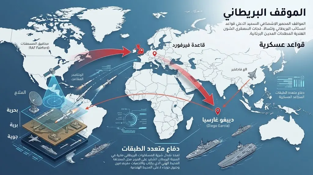 إنفوجرافيك يوضح القواعد العسكرية البريطانية مثل فيرفورد ودييغو غارسيا ونظام الدفاع الجوي متعدد الطبقات