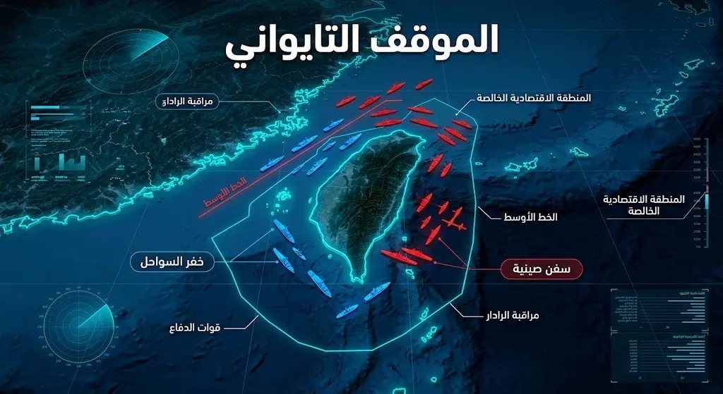 إنفوجرافيك ذكي وخرائطي يوضح تصدي سفن خفر السواحل التايواني لمحاولات تقدم السفن الصينية عبر الحدود البحرية.