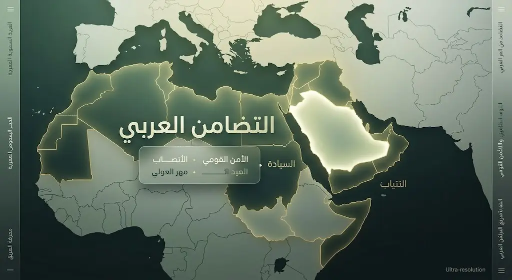 تصميم إبداعي يبرز التضامن العربي مع المملكة العربية السعودية، معنون بعبارة التضامن العربي ومزود بخريطة مضيئة للمنطقة.