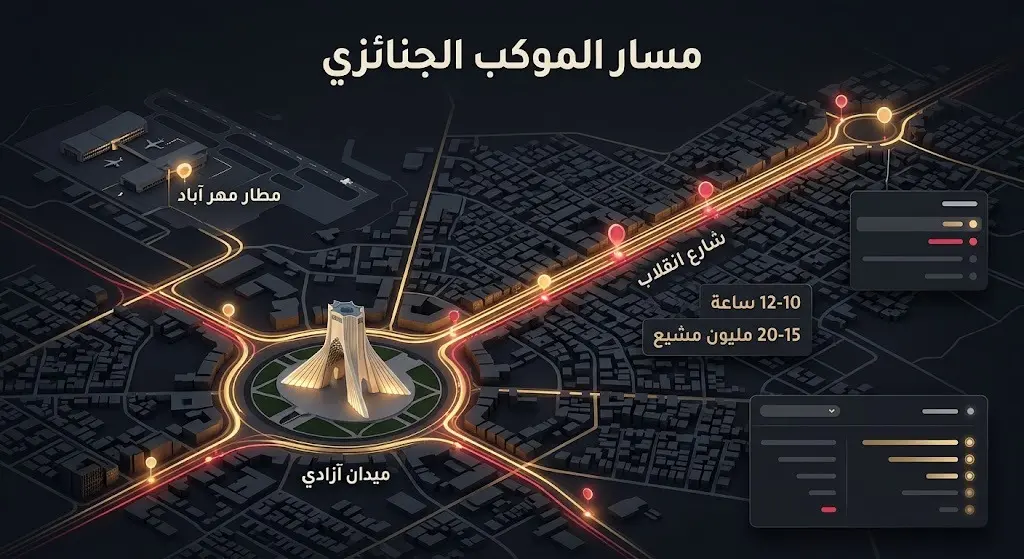 خريطة إنفوجرافيك ثلاثية الأبعاد توضح مسار الموكب الجنائزي في العاصمة طهران من شارع انقلاب إلى ميدان آزادي وصولاً إلى مطار مهر آباد مع أبرز الأرقام والإحصائيات.