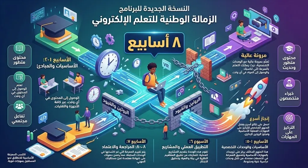 إنفوجرافيك احترافي يوضح تفاصيل النسخة الجديدة لبرنامج الزمالة الوطنية ومدته المكثفة المحددة بثمانية أسابيع.