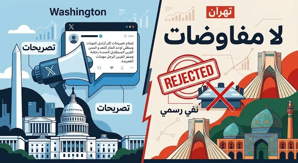 تصميم غرافيكي يجسد التباين بين التصريحات الأميركية والنفي الإيراني الرسمي عبر منصة إكس، مع نصوص عربية توضح الموقف.