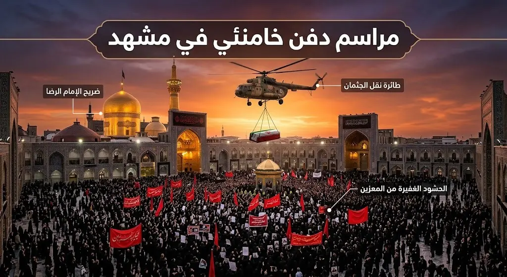مشهد تعبيري يوضح نقل جثمان علي خامنئي بمروحية وقت الغروب فوق ضريح الإمام الرضا في مدينة مشهد وسط حشود المشيعين.