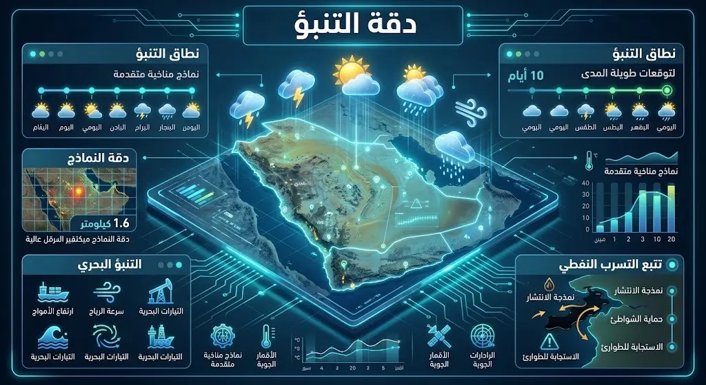 إنفوجرافيك يوضح دقة النماذج الرقمية للرصد الجوي بمدى زمني يصل إلى 10 أيام ودقة مكانية 1.6 كيلومتر