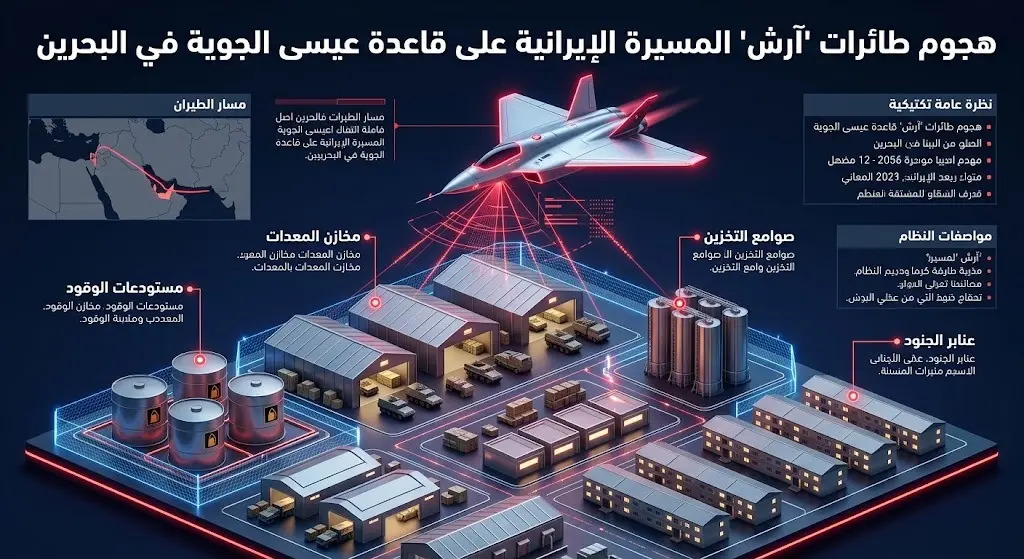 إنفوجرافيك يوضح الأهداف العسكرية التي طالتها الهجمات الإيرانية داخل قاعدة عيسى الجوية في البحرين، وتشمل خزانات الوقود، ومستودعات المعدات، والصوامع، والثكنات.