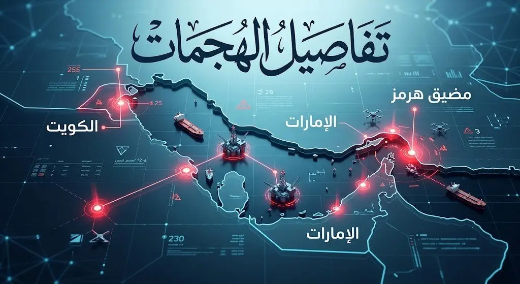 خريطة إنفوجرافيك ثلاثية الأبعاد توضح مواقع الهجمات التي استهدفت منشآت كويتية وناقلات إماراتية في مضيق هرمز، مع إبراز النقاط الجغرافية المستهدفة.