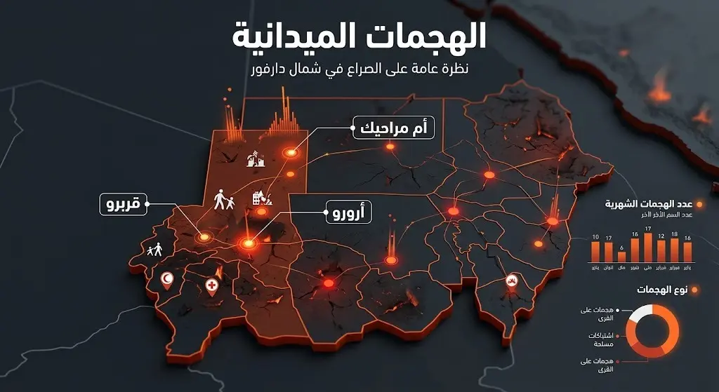 إنفوجرافيك يوضح مواقع وتفاصيل الهجمات الميدانية على قرى شمال دارفور مثل أم مراحيك وقربرو.