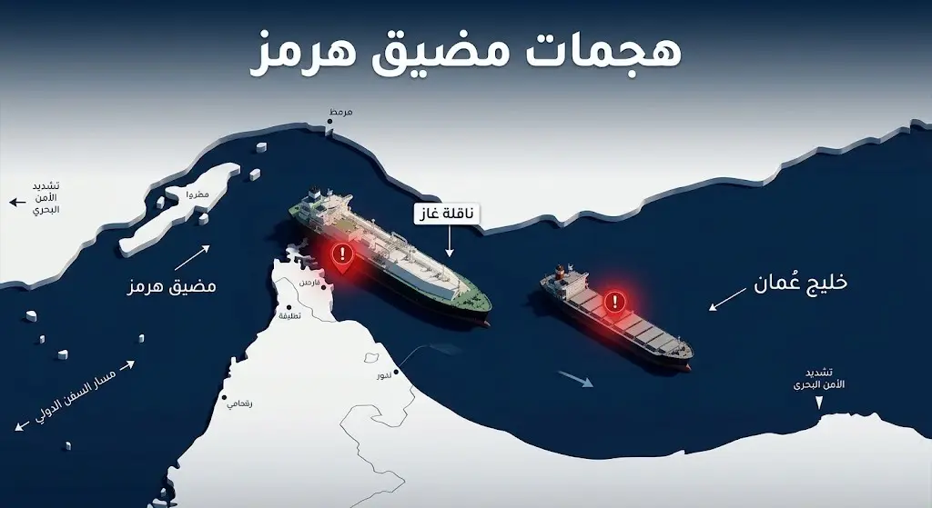 خريطة إنفوجرافيك توضح مواقع استهداف السفن التجارية، بما فيها ناقلة الغاز، في مضيق هرمز وخليج عُمان.