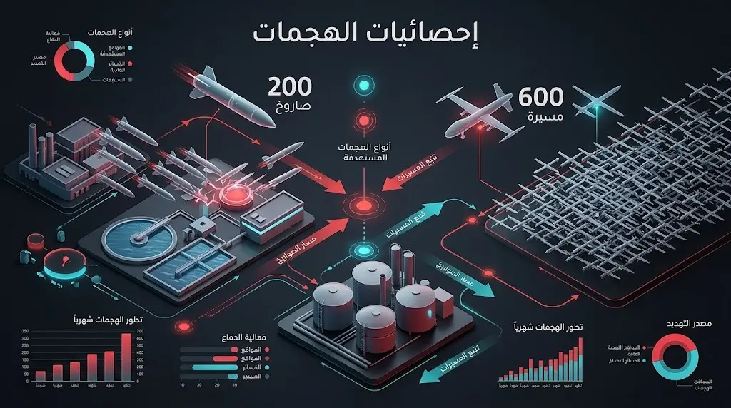 إنفوجرافيك بياني يوضح بالأرقام حجم الهجمات بالصواريخ والطائرات المسيرة على المنشآت الحيوية