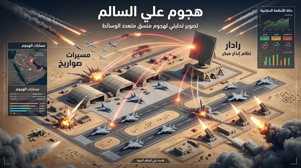 تصميم إنفوجرافيك يوضح تفاصيل الهجوم بالطائرات المسيرة والصواريخ على نظام رادار الإنذار المبكر في قاعدة علي السالم الجوية.
