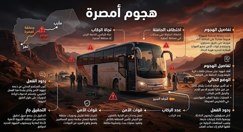 إنفوجرافيك يوضح تفاصيل الهجوم المسلح واختطاف حافلة ركاب في منطقة أمصرة ومسار رحلتها.