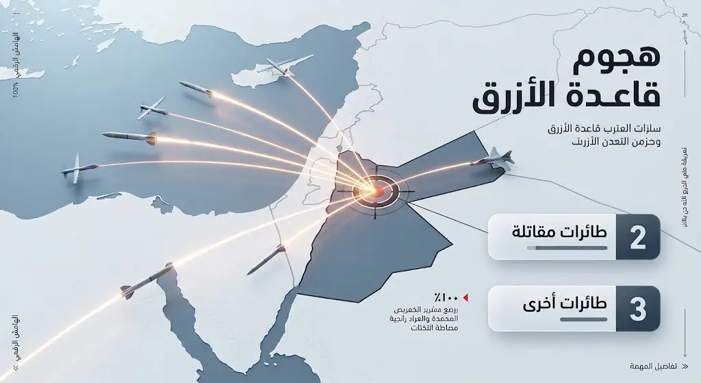 إنفوجرافيك عسكري يوضح تفاصيل الهجوم بالصواريخ والطائرات المسيرة على قاعدة الأزرق وحصيلة الطائرات المدمرة.