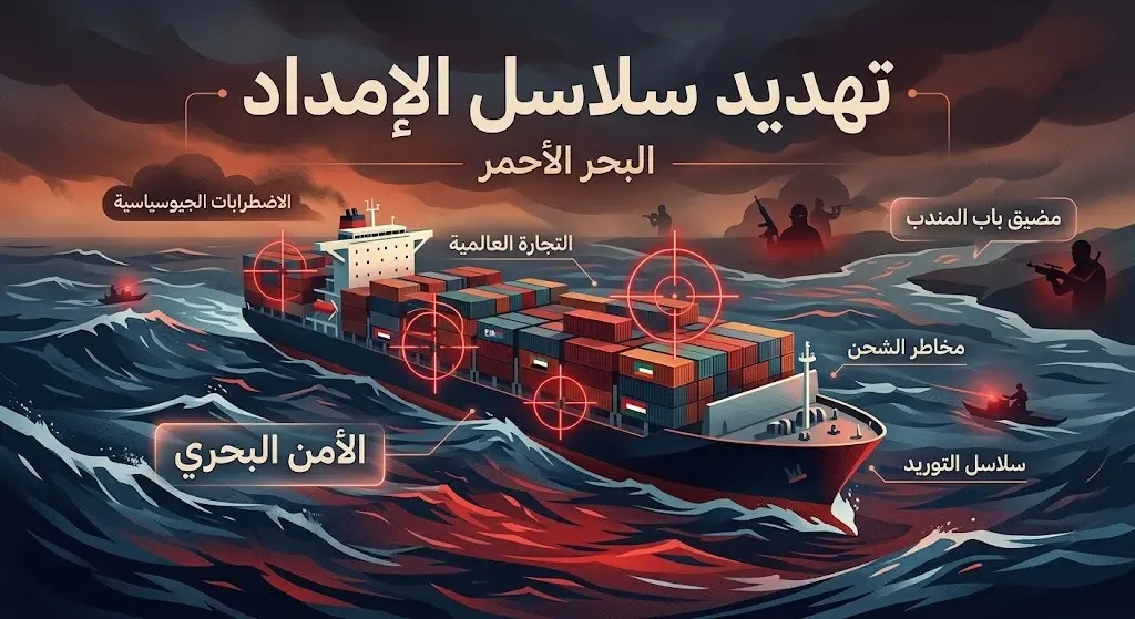تصميم تعبيري يجسد التهديدات الجيوسياسية التي تواجه سفن الشحن التجارية في البحر الأحمر وتأثيرها على سلاسل الإمداد.