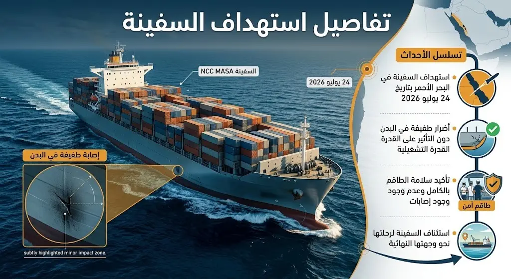 إنفوجرافيك يوضح تفاصيل الهجوم على السفينة التجارية السعودية NCC MASA في مياه البحر الأحمر، مبرزاً سلامة الطاقم واستمرار الرحلة.