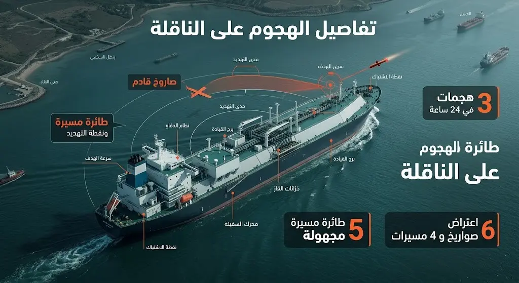 رسم تحليلي ثلاثي الأبعاد يوضح تفاصيل الهجوم بمسيرة على ناقلة تجارية وإحصائيات الهجمات الجوية المعترضة.