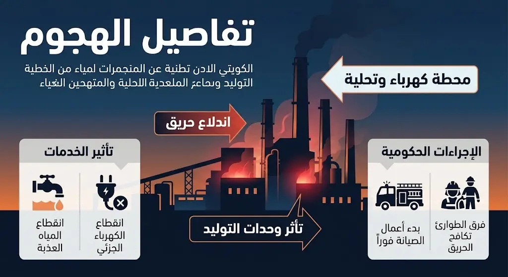 صورة تعبيرية وإنفوجرافيك يوضح تفاصيل الهجوم على محطات الكهرباء وتحلية المياه وتأثر وحدات التوليد.