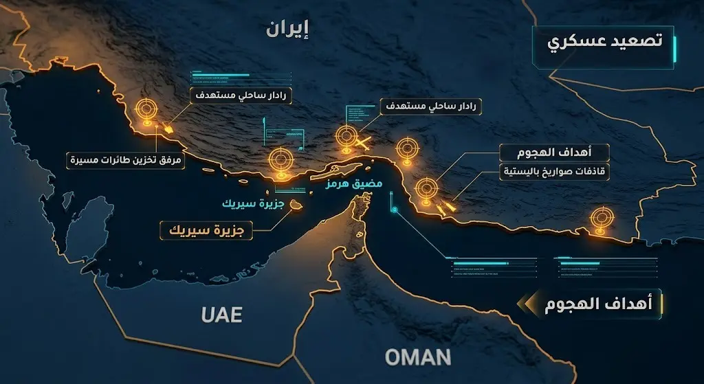 خريطة إنفوجرافيك توضح الأهداف العسكرية ومواقع الرادارات ومنشآت تخزين الطائرات المسيرة في محيط مضيق هرمز وجزيرة سيريك.