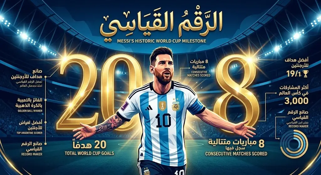 تصميم فني يبرز رقم ليونيل ميسي القياسي بتسجيله 20 هدفاً في تاريخ كأس العالم وهزه الشباك في 8 مباريات متتالية.