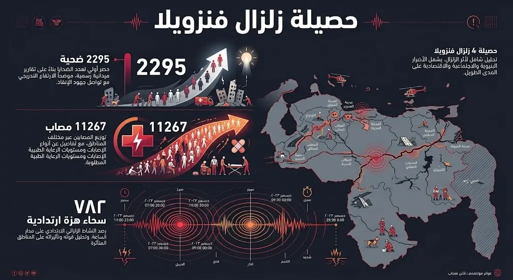 إنفوجرافيك تفصيلي يعرض إحصائيات ضحايا ومصابي زلزال فنزويلا وعدد الهزات الارتدادية بتصميم حديث