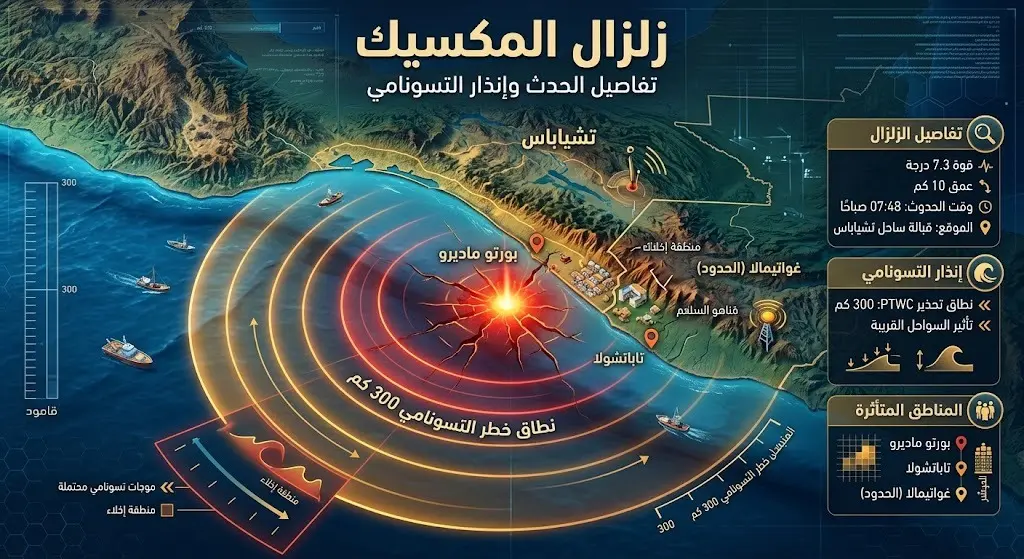 إنفوجرافيك لخرائط يوضح مركز زلزال المكسيك في ساحل تشياباس بقوة 7.3 درجة، مع إبراز نطاق 300 كيلومتر الخاص بتحذيرات التسونامي.