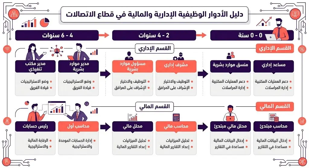 إنفوجرافيك يوضح تفاصيل الوظائف الإدارية والمالية المتاحة في شركة stc والخبرات المطلوبة لكل وظيفة.