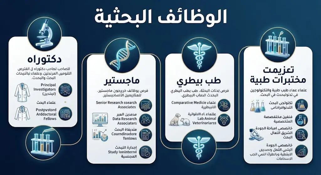 إنفوجرافيك يوضح توزيع الوظائف البحثية المطلوبة في جامعة الطائف حسب الدرجات العلمية والتخصصات كالدكتوراه والماجستير والمختبرات.