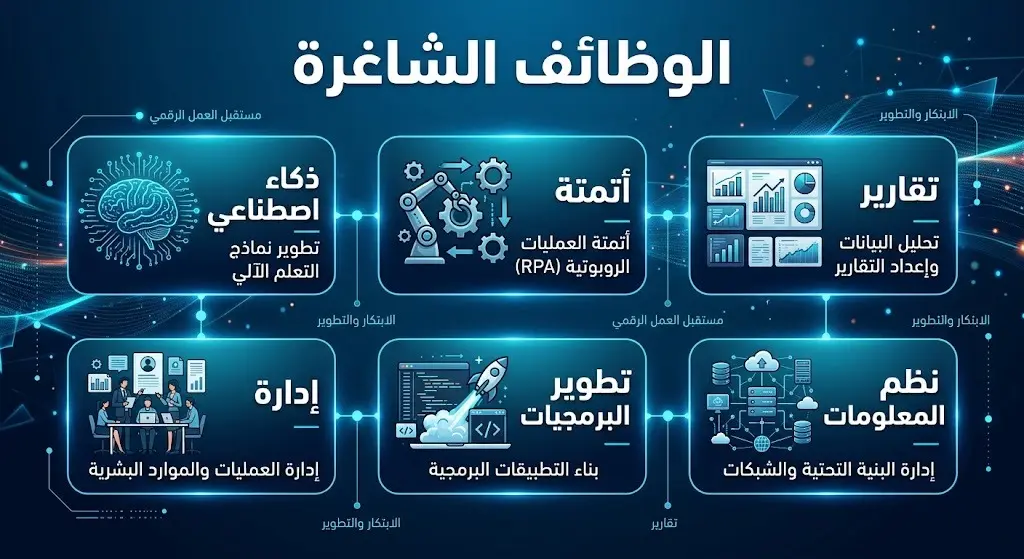 إنفوجرافيك يستعرض الوظائف الشاغرة الستة في شركة أتمال وتتضمن مجالات الذكاء الاصطناعي والإدارة والتقارير وأتمتة العمليات.