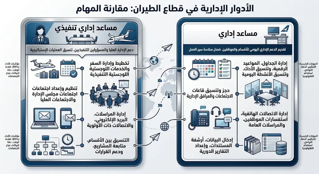 إنفوجرافيك يوضح المهام التشغيلية لوظيفتي مساعد إداري تنفيذي ومساعد إداري والشروط الخاصة بكل وظيفة