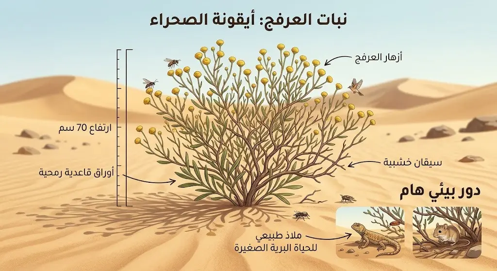 إنفوجرافيك يوضح الخصائص النباتية لشجيرة العرفج من حيث الارتفاع وشكل الأوراق والسيقان في البيئة الرملية