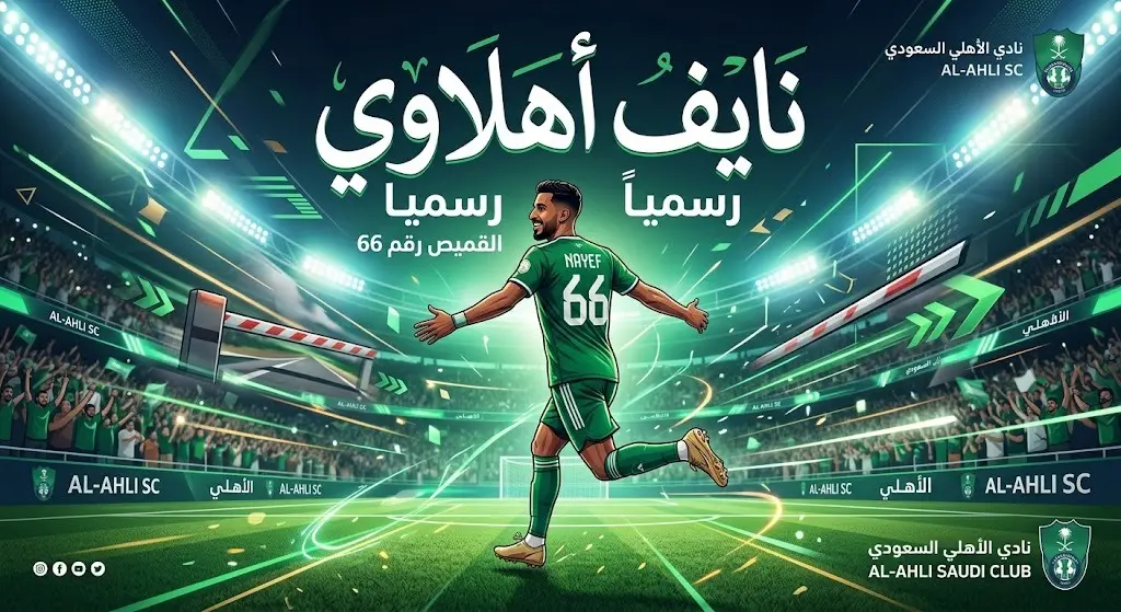 تصميم إبداعي لإعلان انتقال اللاعب نايف مسعود لصفوف النادي الأهلي مرتدياً القميص رقم 66