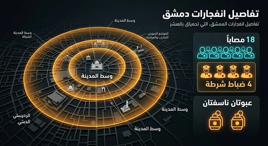 إنفوجرافيك يوضح تفاصيل انفجاري دمشق، مبرزاً حصيلة المصابين البالغة 18 شخصاً وتفاصيل العبوات الناسفة.