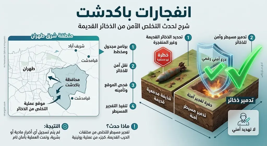 إنفوجرافيك يوضح موقع مدينة باكدشت شرق طهران وتفاصيل عملية التدمير الآمن للذخائر القديمة.