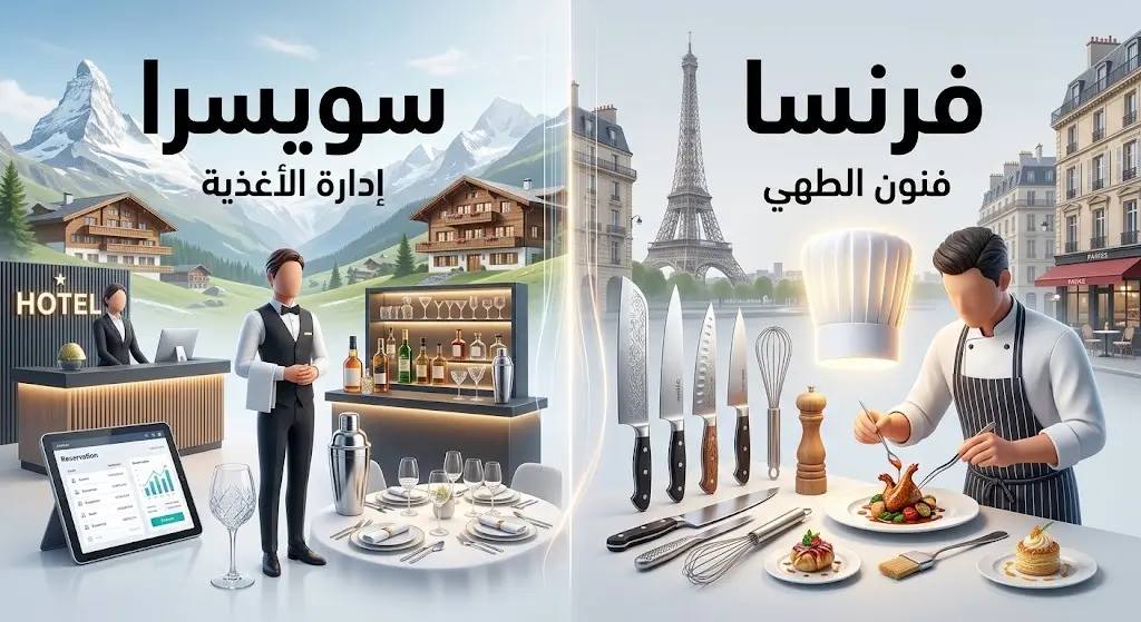 إنفوجرافيك مقارنة بين برنامجي الابتعاث في سويسرا لإدارة الأغذية وفرنسا لفنون الطهي