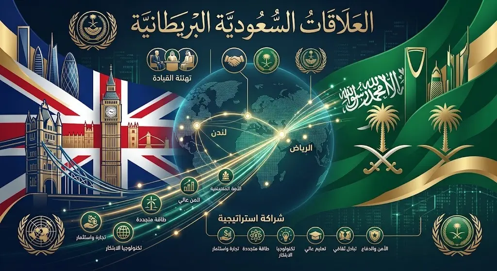 تصميم غرافيكي يجسد عمق العلاقات الثنائية والشراكة الاستراتيجية بين المملكة العربية السعودية والمملكة المتحدة.