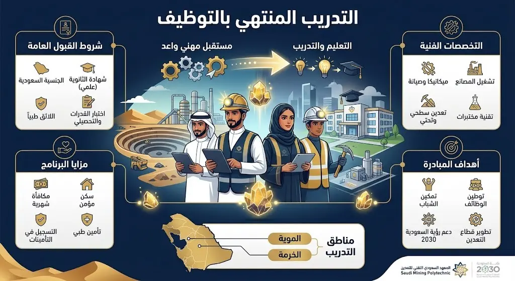 تصميم إبداعي يدمج رموز التعدين مع عناصر التعليم التقني، مبرزاً استهداف البرنامج لشباب الموية والخرمة.
