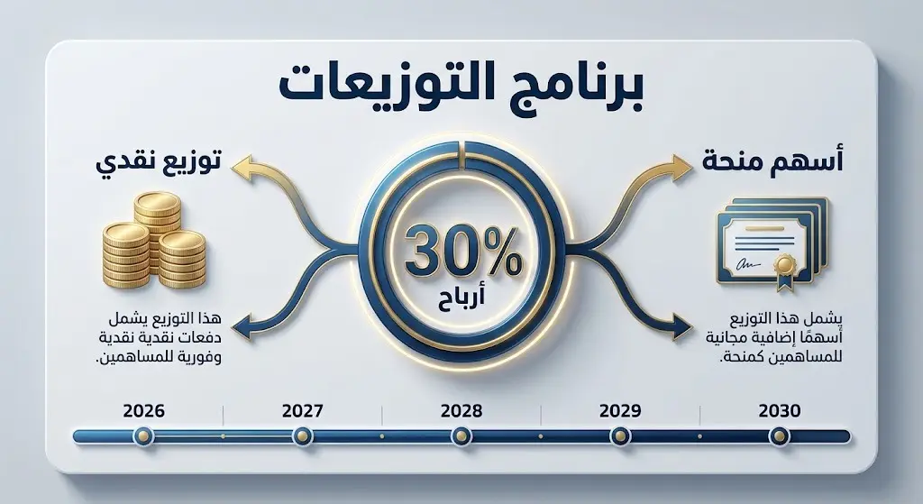 إنفوجرافيك احترافي يوضح تفاصيل برنامج توزيعات أرباح شركة أكوا باور بنسبة 30% وتقسيمها بين نقدي وأسهم منحة حتى عام 2030.