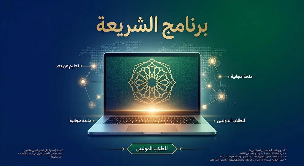 تصميم إنفوجرافيك يدمج التكنولوجيا الحديثة متمثلة في حاسوب محمول وعناصر إسلامية مع خريطة العالم، يوضح تفاصيل برنامج الشريعة عن بُعد للطلاب الدوليين والمنح المجانية.