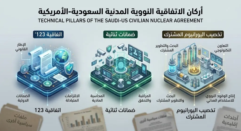 إنفوجرافيك يوضح الركائز الأساسية للاتفاق النووي المدني بين السعودية والولايات المتحدة بما في ذلك اتفاقية 123 والضمانات الثنائية.